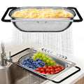 Expandable over-sink fine mesh colander with rubber grips positioned across a kitchen sink