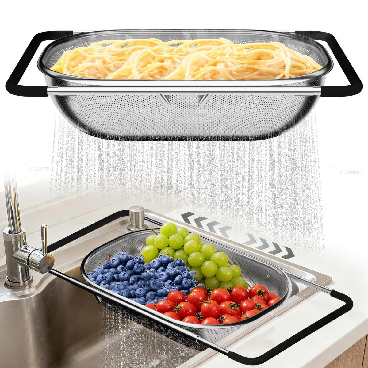 Expandable over-sink fine mesh colander with rubber grips positioned across a kitchen sink