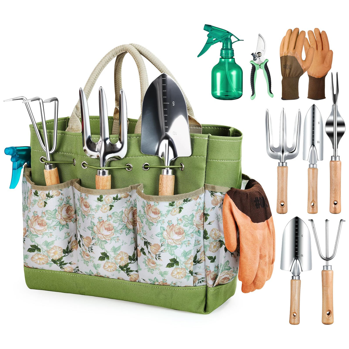 Grenebo heavy-duty garden hand tools, green canvas tool bag