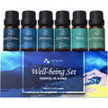Six 10ml ASAKUKI essential oil bottles in a gift box labeled well-being