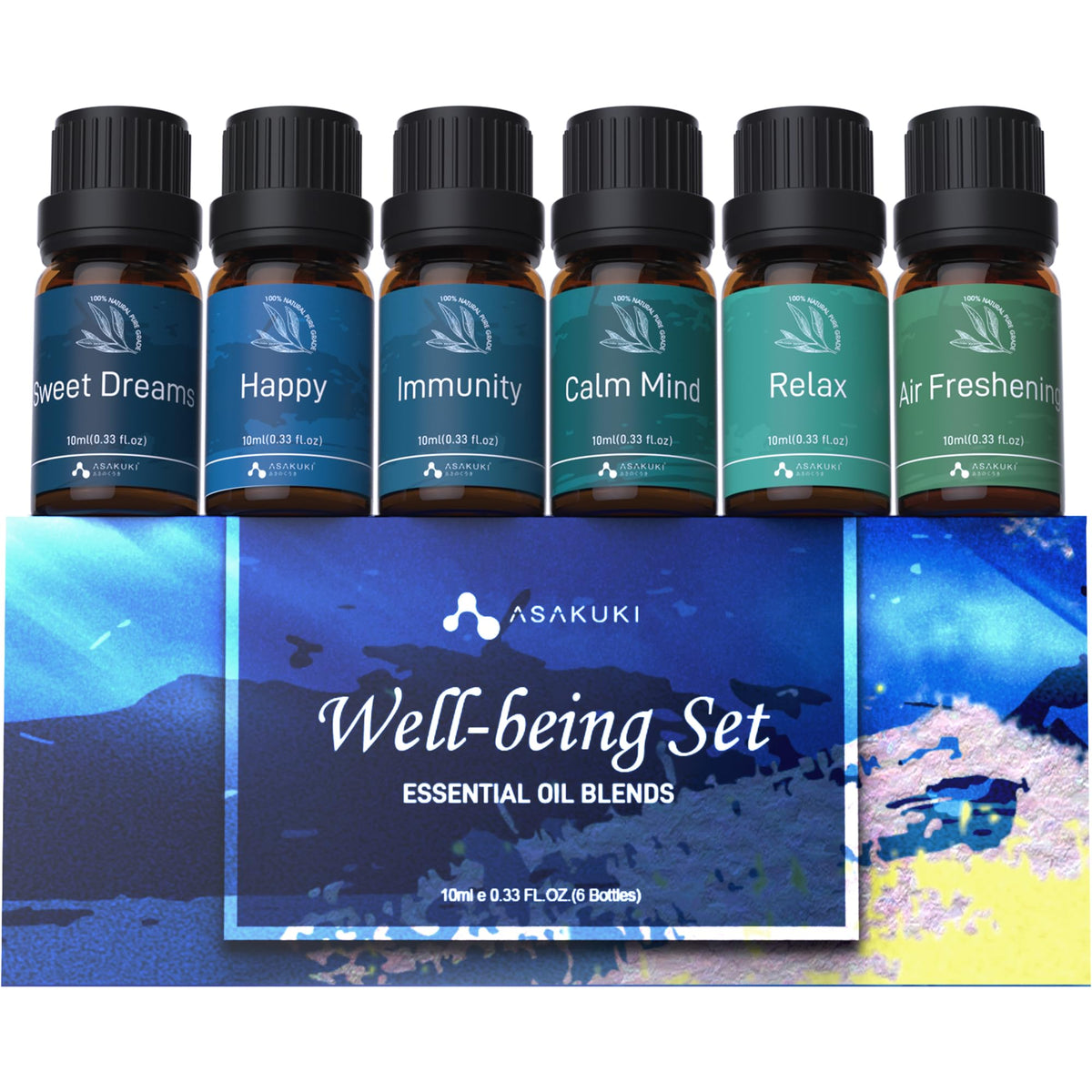 Six 10ml ASAKUKI essential oil bottles in a gift box labeled well-being