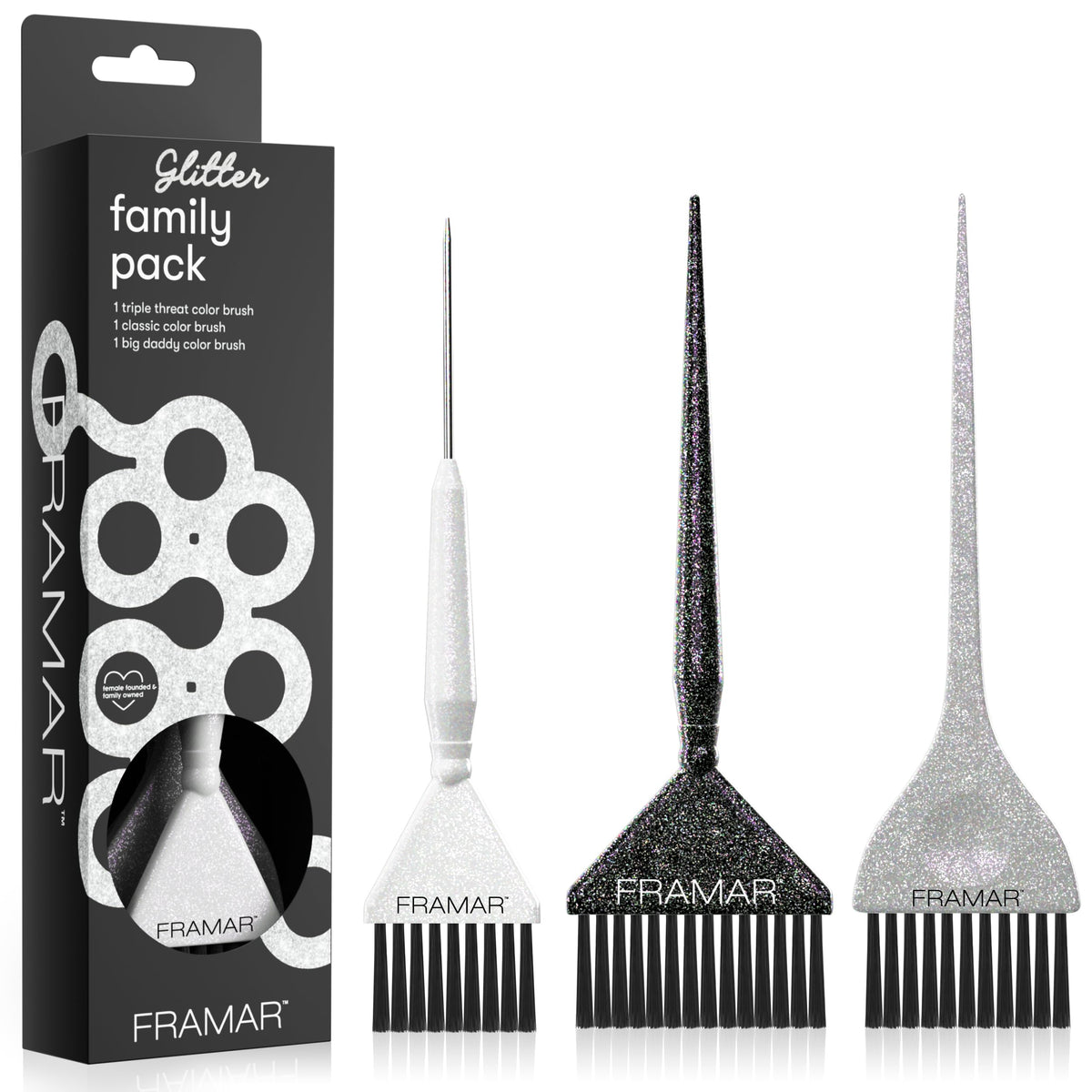 Three FRAMAR glitter hair dye brushes with angled bristles and black handles on white background