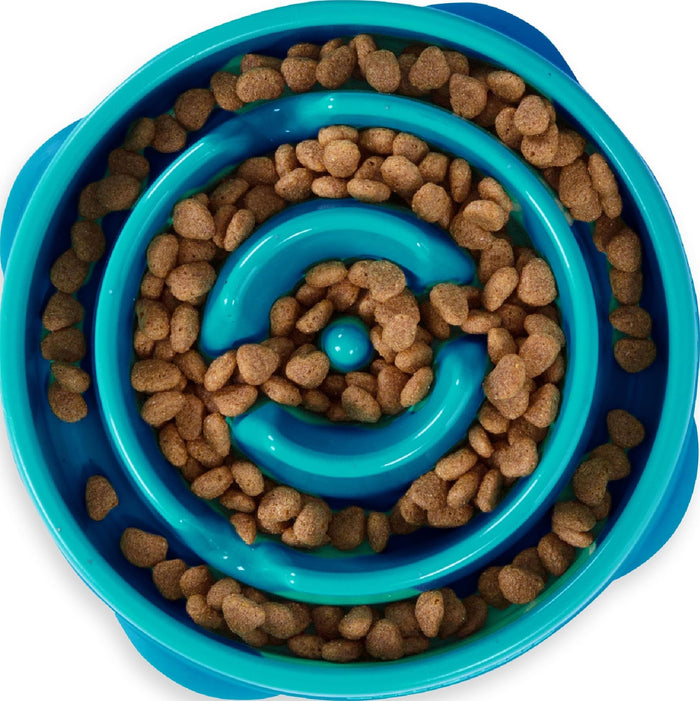 Outward Hound Fun Feeder Slo Bowl – Medium 2‑Cup Capacity, Slow Feeding, Small to Medium Dogs & Cats, Non-Slip, Turquoise, Drop Pattern