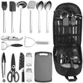 ReaNea camping cooking utensils laid out: spatula, spoon, tongs and fork in a compact roll