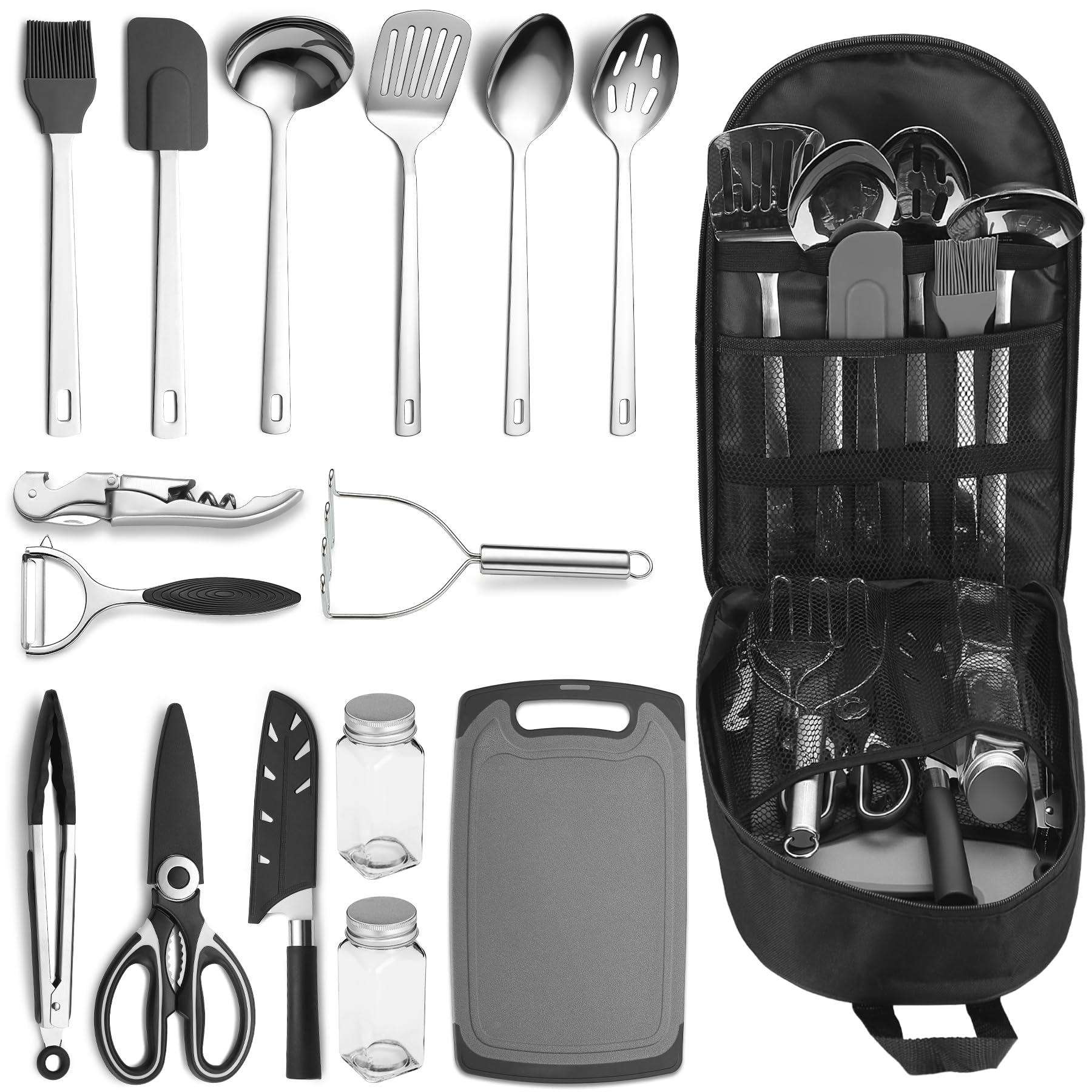 ReaNea camping cooking utensils laid out: spatula, spoon, tongs and fork in a compact roll
