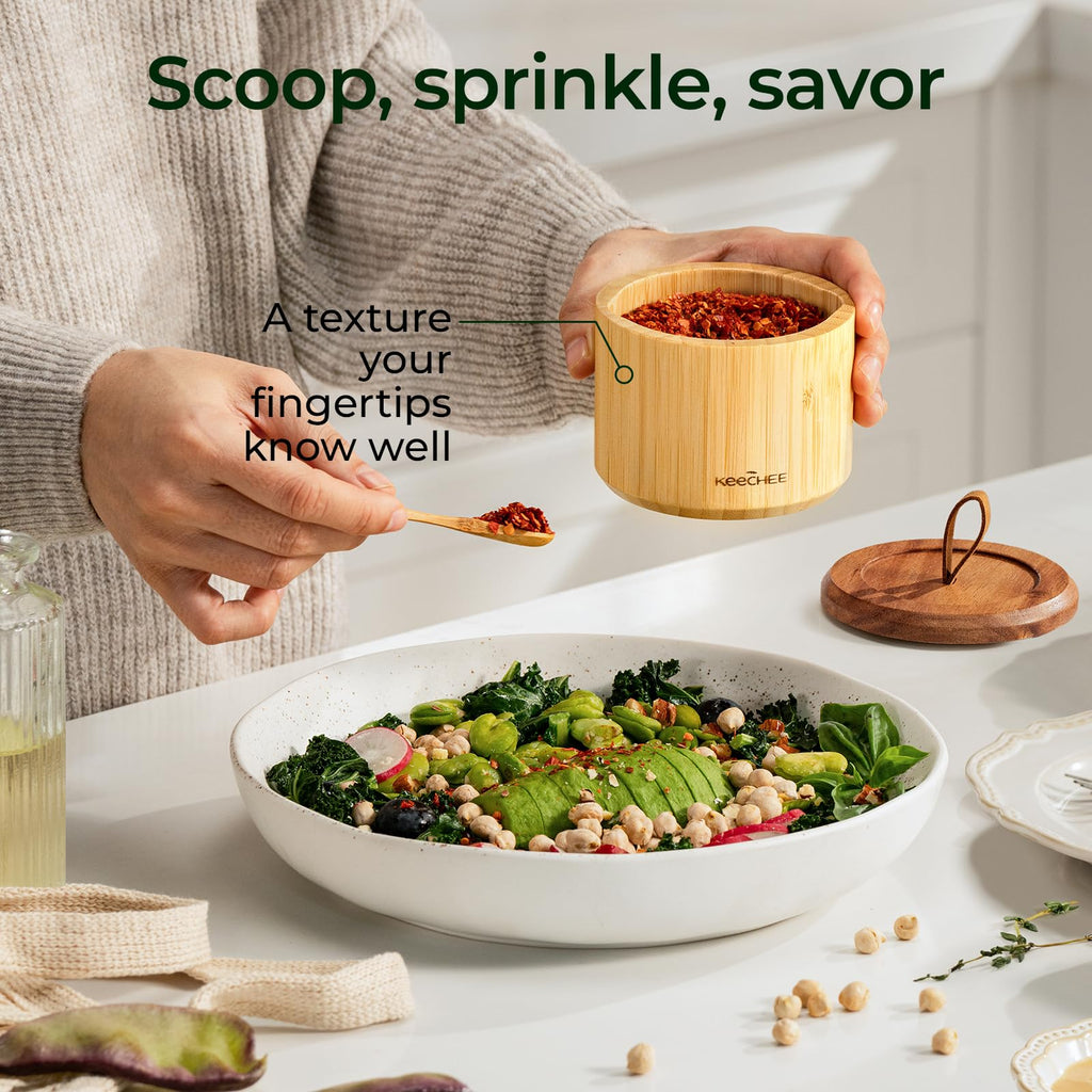 keechee Bamboo Salt Box with Acacia Lid & Spoon, 7.7oz Capacity with Built-In Spoon Slot & Labels, Two-Tone Countertop Seasoning Container (Single Compartment - 1 Pack) image 5