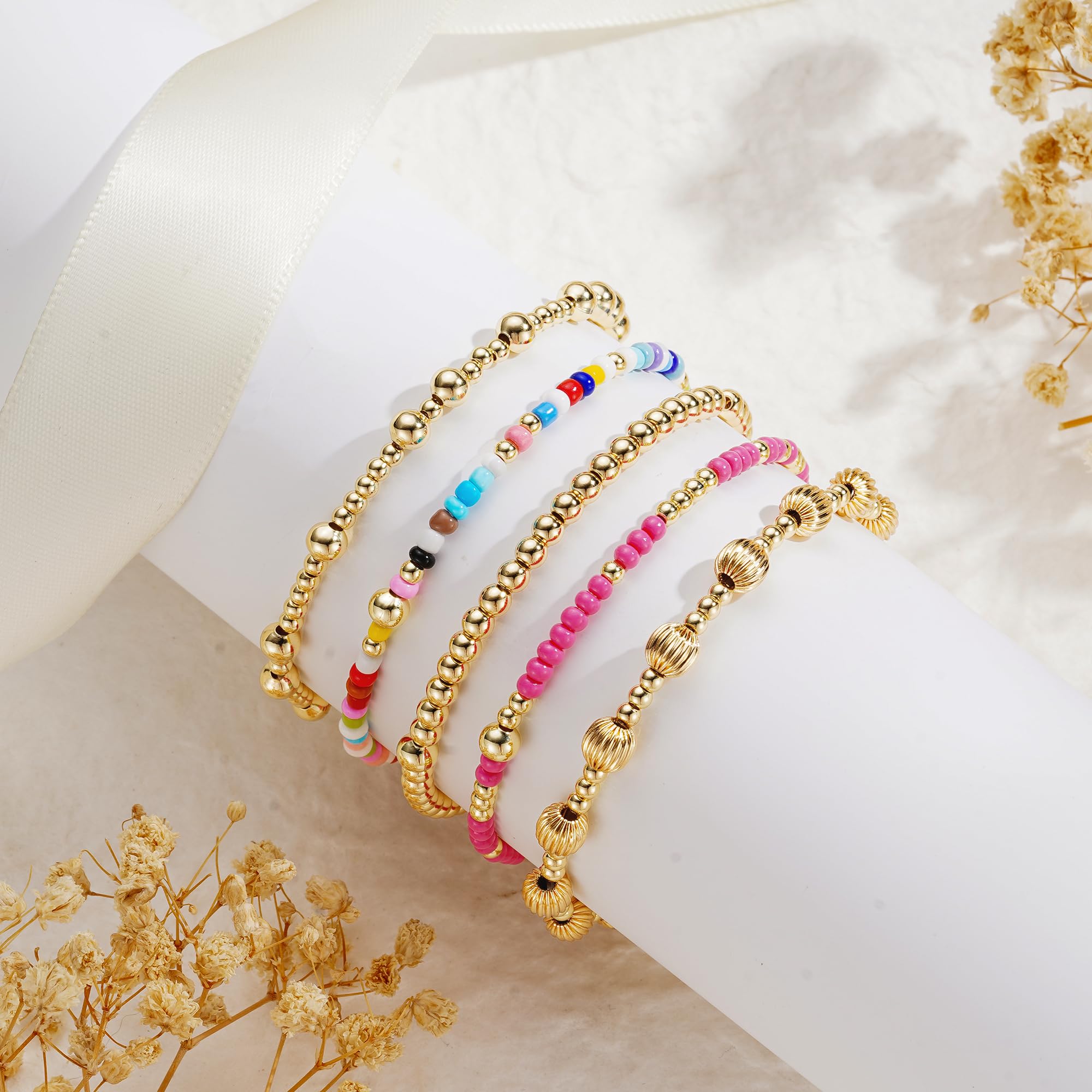 Turandoss 5PCS Gold Beaded Bracelets for Women, Dainty 14K Gold Plated image 6