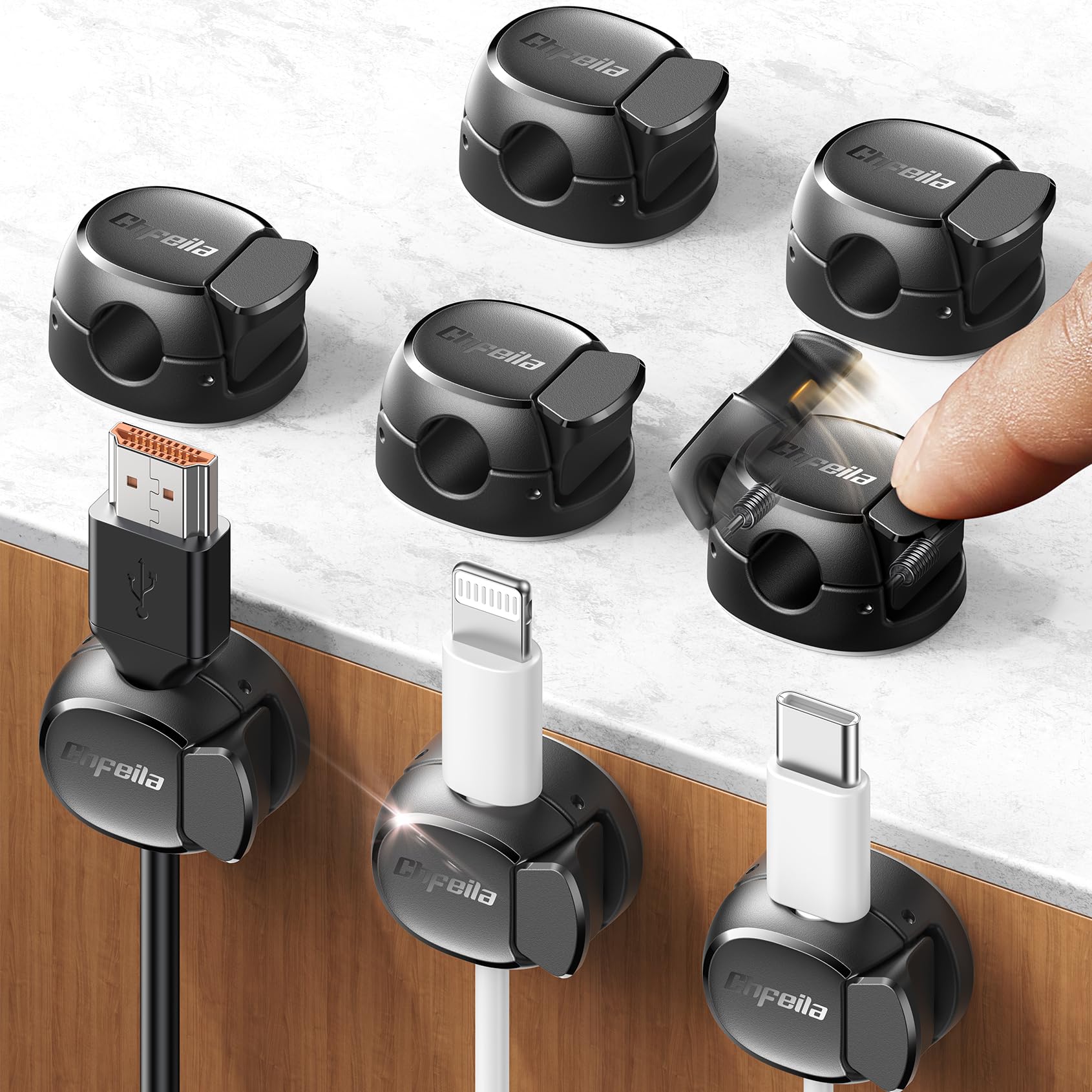 Chfeila black quick-lock cable clips (8) adhesive cord holders