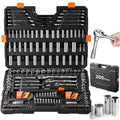 205-piece VEVOR chrome vanadium mechanics socket kit in a polyethylene case showing 1/4, 3/8 and 1/2 drive sockets