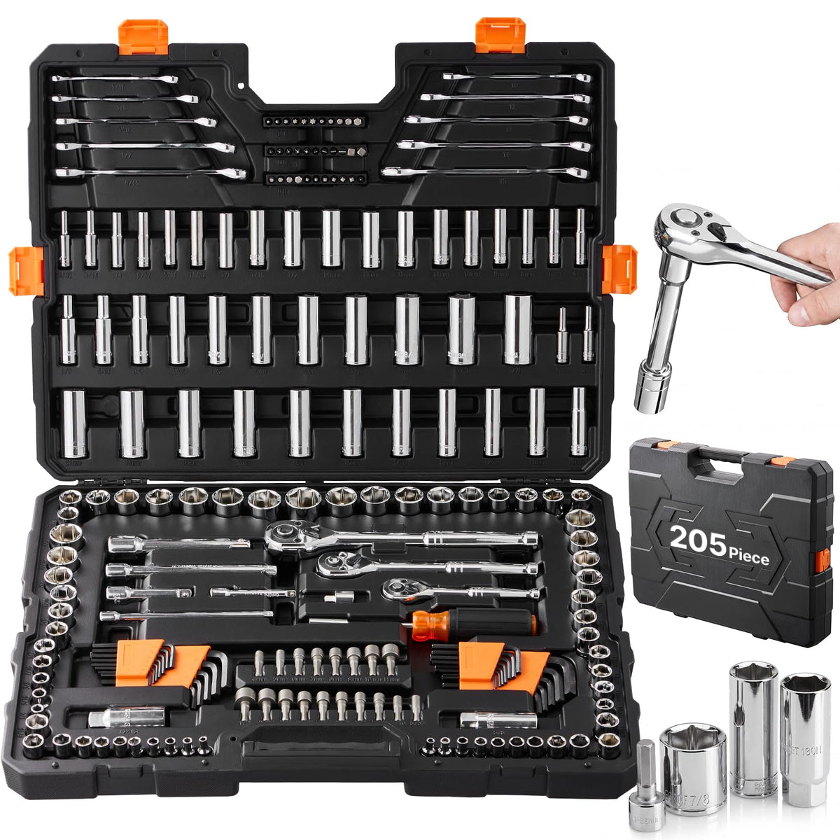 205-piece VEVOR chrome vanadium mechanics socket kit in a polyethylene case showing 1/4, 3/8 and 1/2 drive sockets
