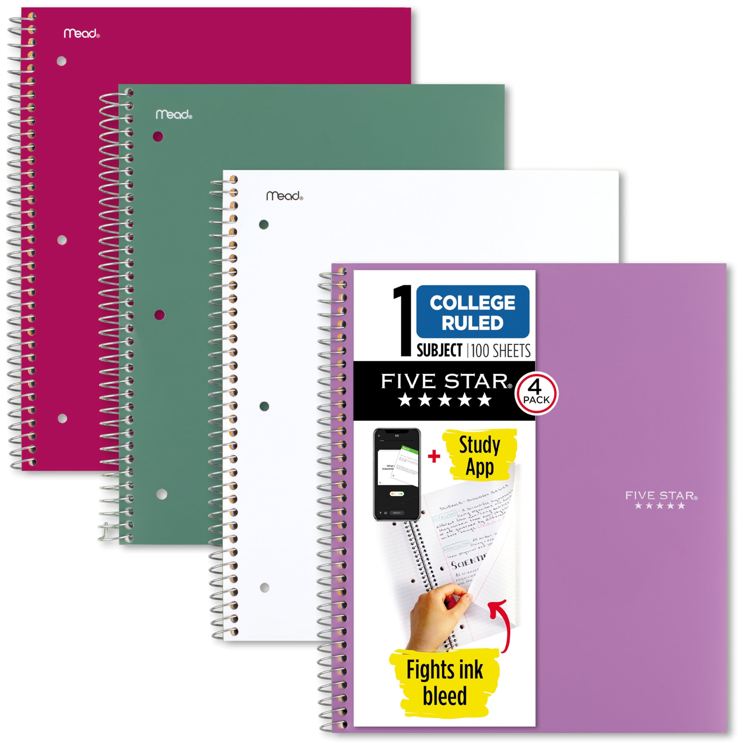 Four Five Star 8.5x11 college ruled spiral notebooks in purple, pink, white and green with water-resistant covers