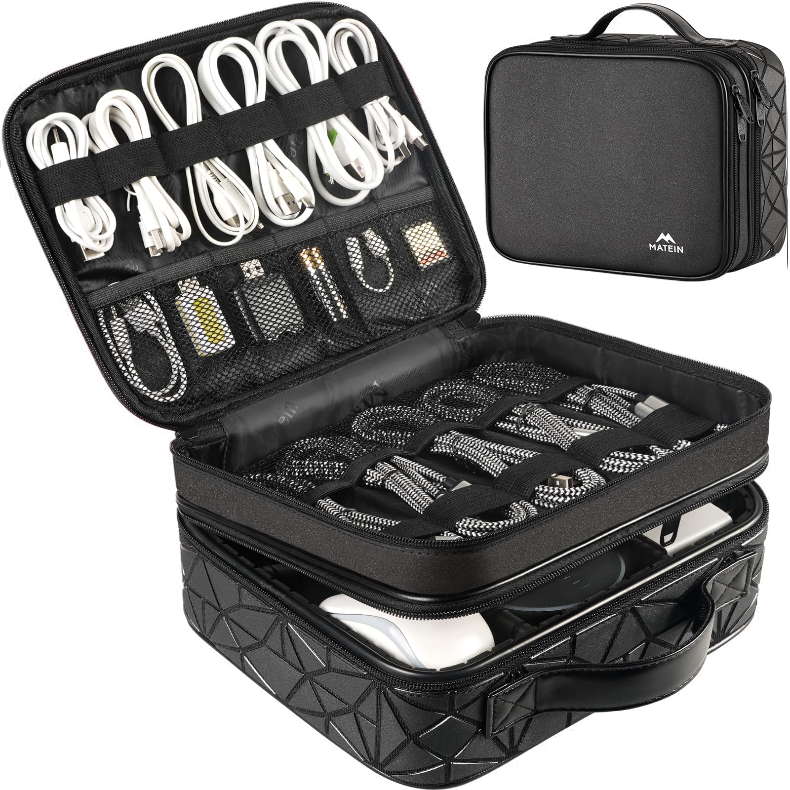 MATEIN large cord organizer case open showing adjustable dividers displaying stored cables
