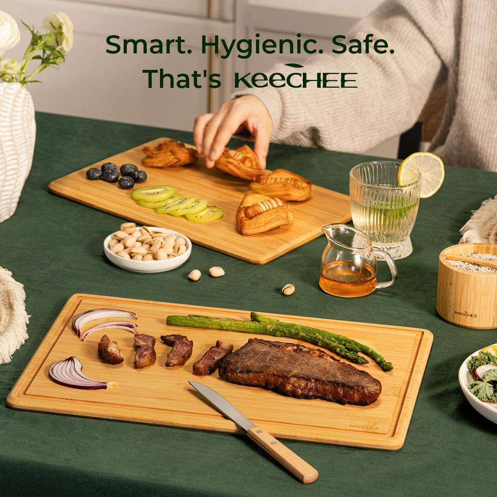 Keechee 2Pcs Cutting Board with Non-slip Mat, Cutting Boards for Kitchen Meal Prep & Serving - Serving Board Sets with Deep Juice Groove Ideal Kitchen Gifts image 9
