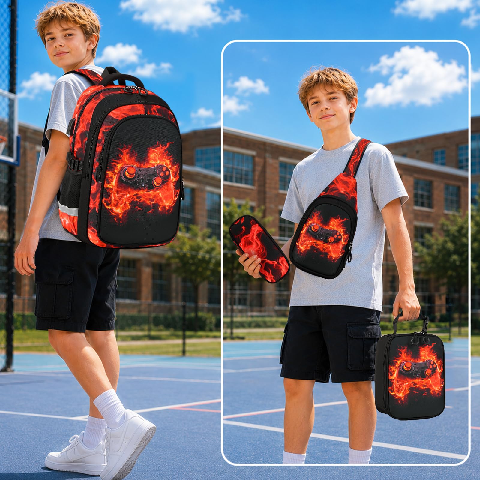 Similove Backpack for Boys, 4PCS Cool Flame School Bags image 8