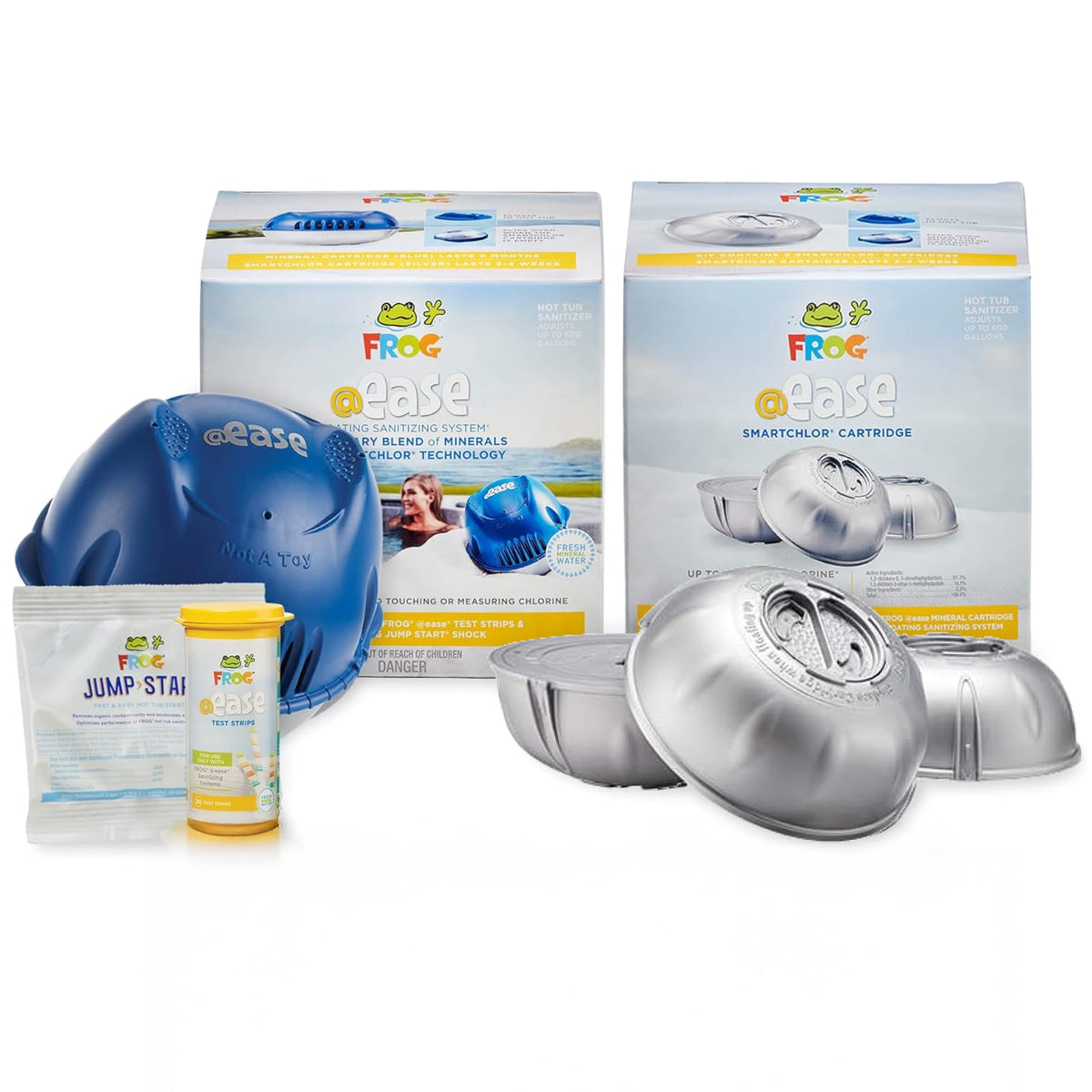 FROG @Ease floating sanitizing system cartridge floating on hot tub water