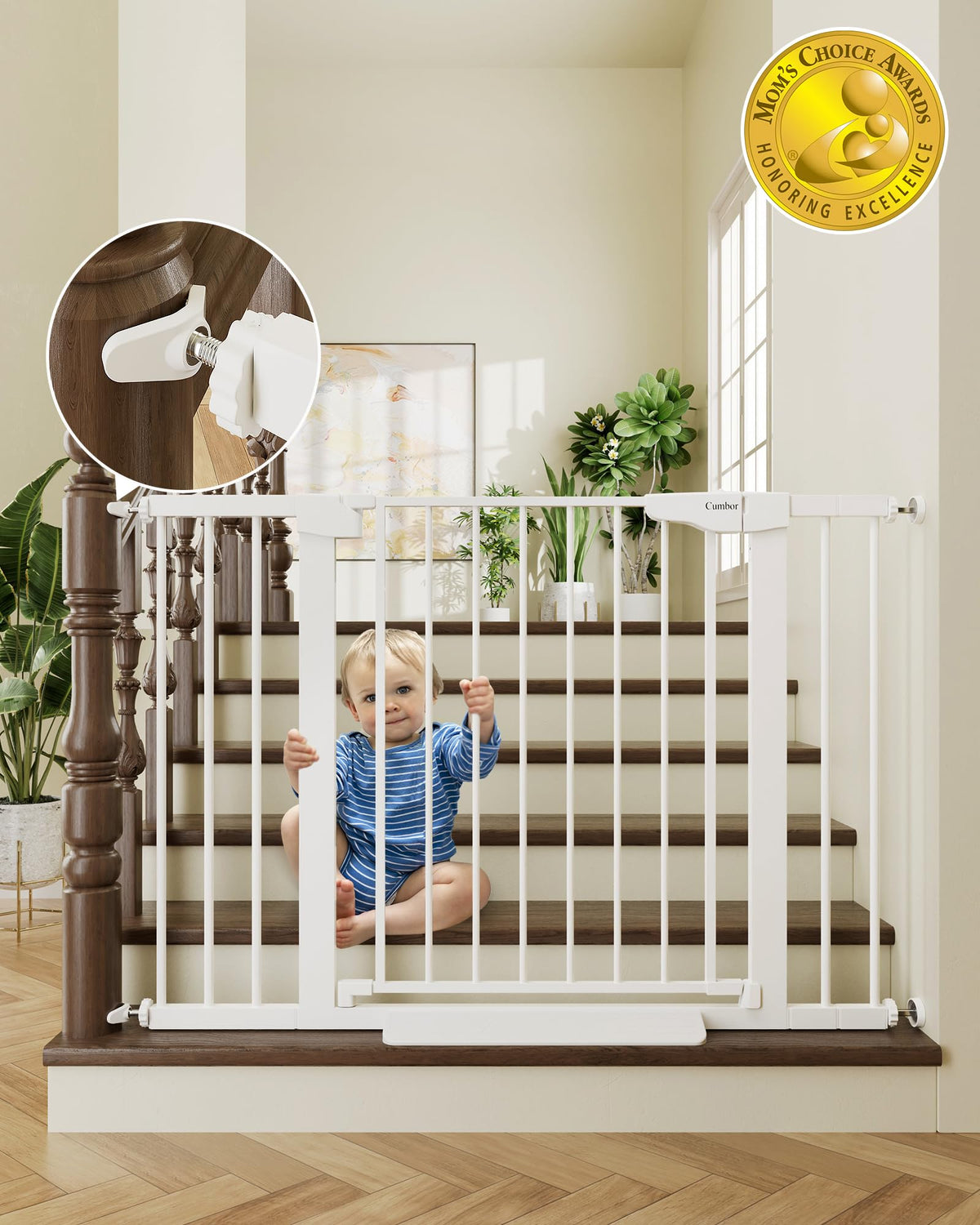 White Cumbor extendable auto-close baby gate installed in doorway 30-46 in