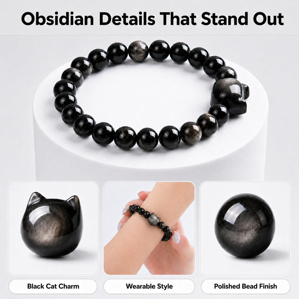 Cat Bracelets for Women,Money Attraction,Black Obsidian,Cat Gifts image 3