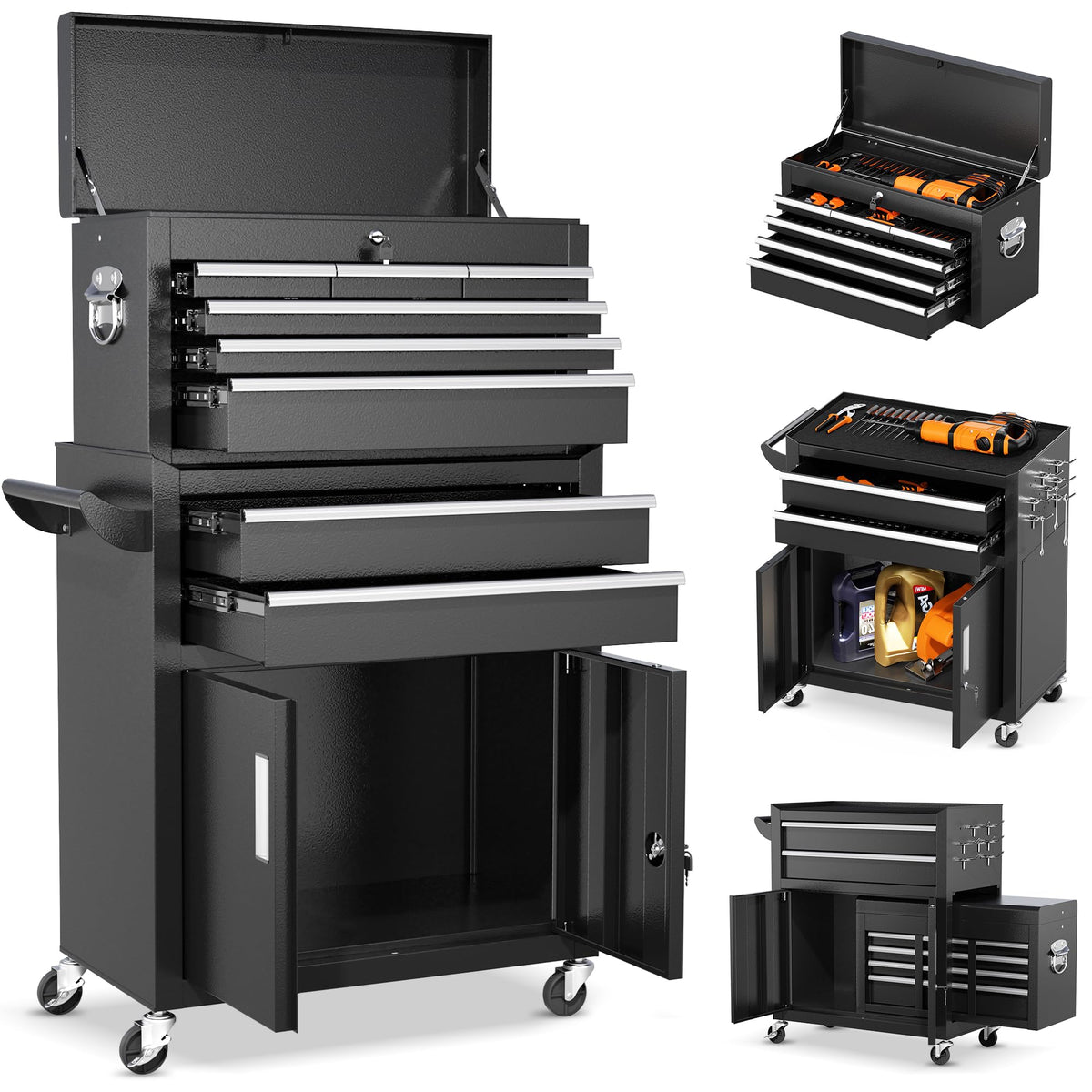 Black INTERGREAT 8-drawer rolling tool chest showing detachable top toolbox, casters, hooks and tray dividers