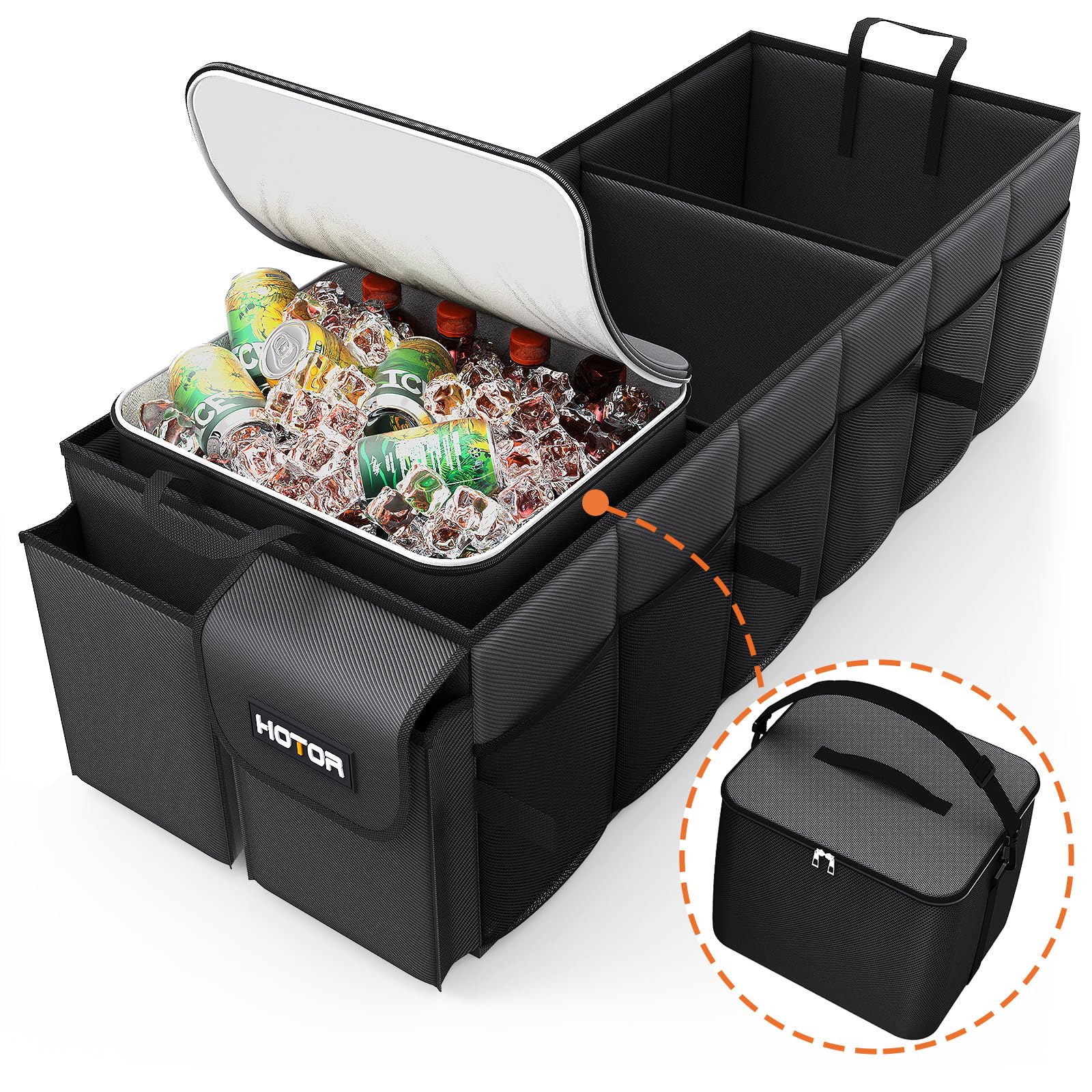 HOTOR foldable trunk organizer open showing insulated cooler compartment in car trunk