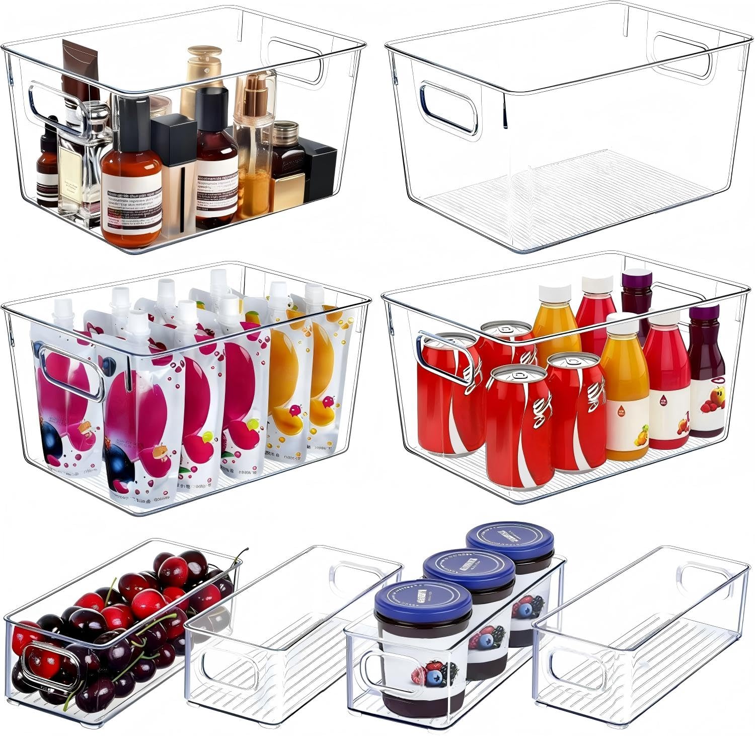 Eight clear plastic stackable storage bins in two sizes (four large, four small) on pantry shelf