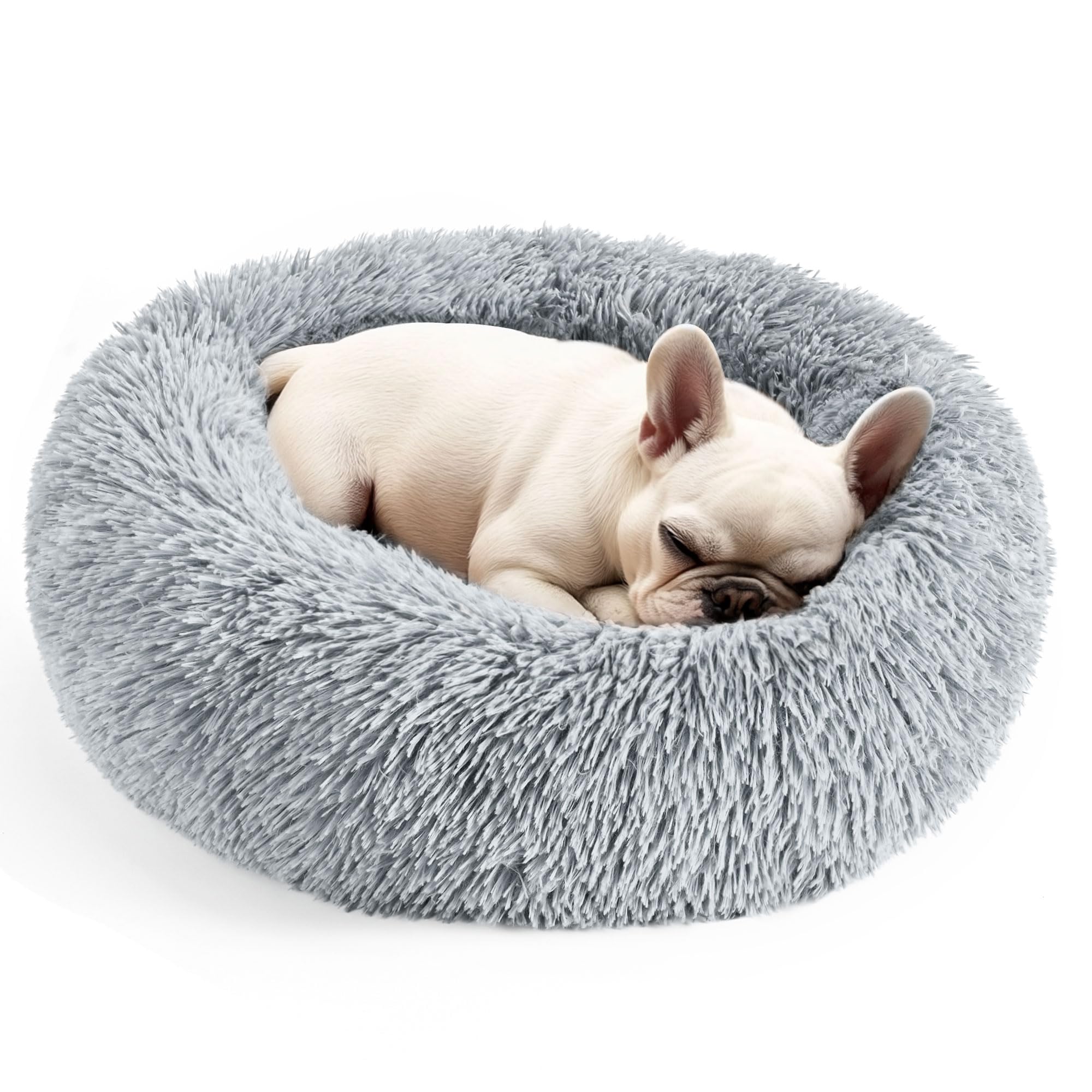 Light grey 20-inch Hoewina calming donut pet bed showing raised plush rim
