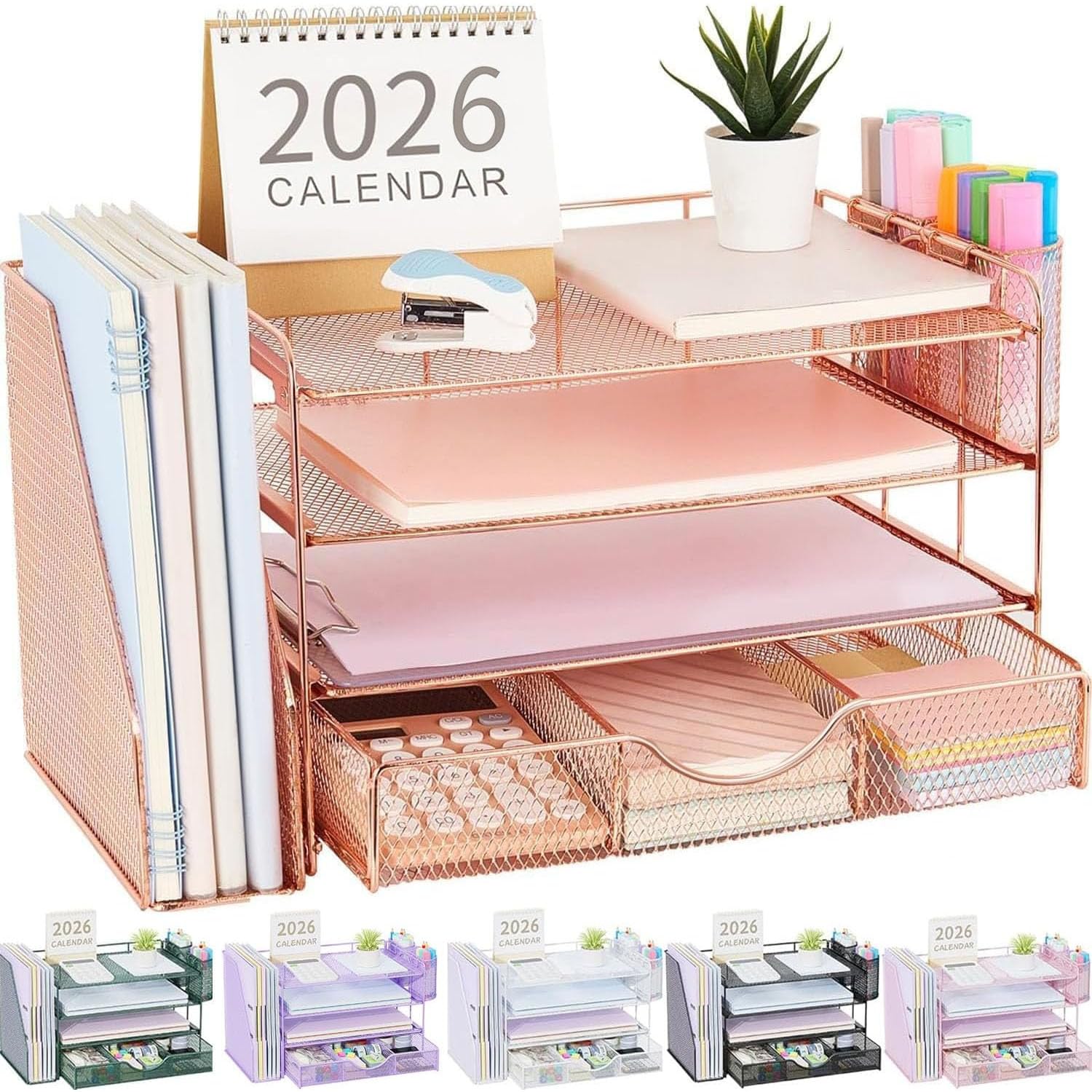 Rose gold 4-tier desk organizer with file holder, drawer and two pen holders