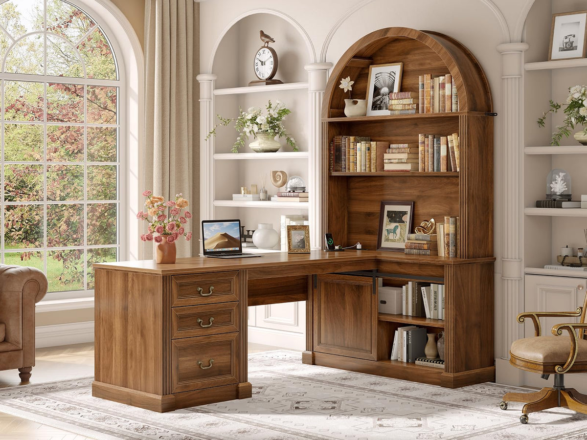 SEDETA 67-inch L-shaped desk with tall arched bookshelf and three drawers