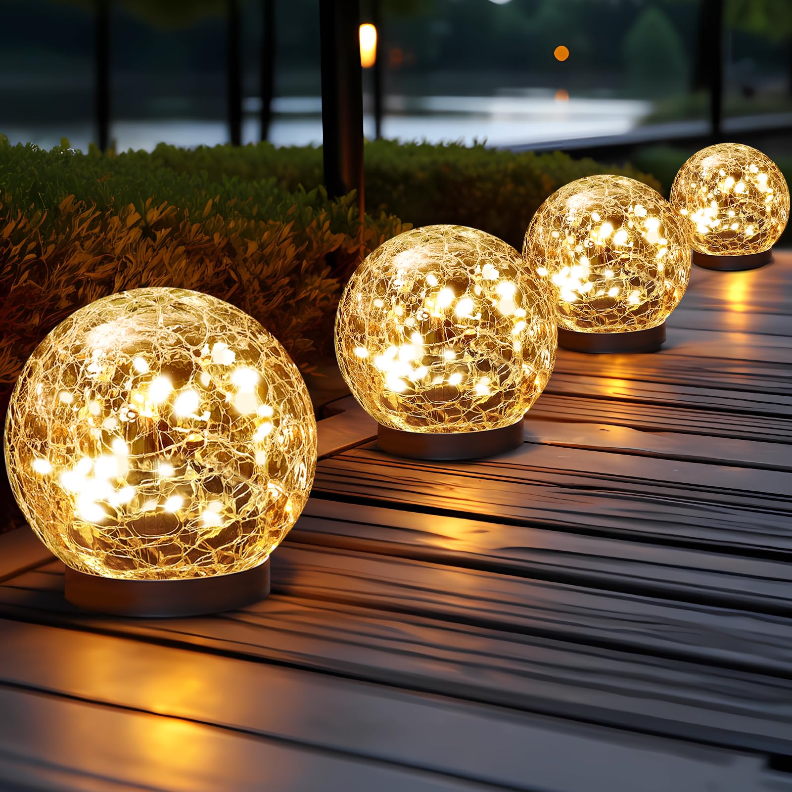 JKIMK waterproof solar globe lights glowing in a backyard garden at dusk
