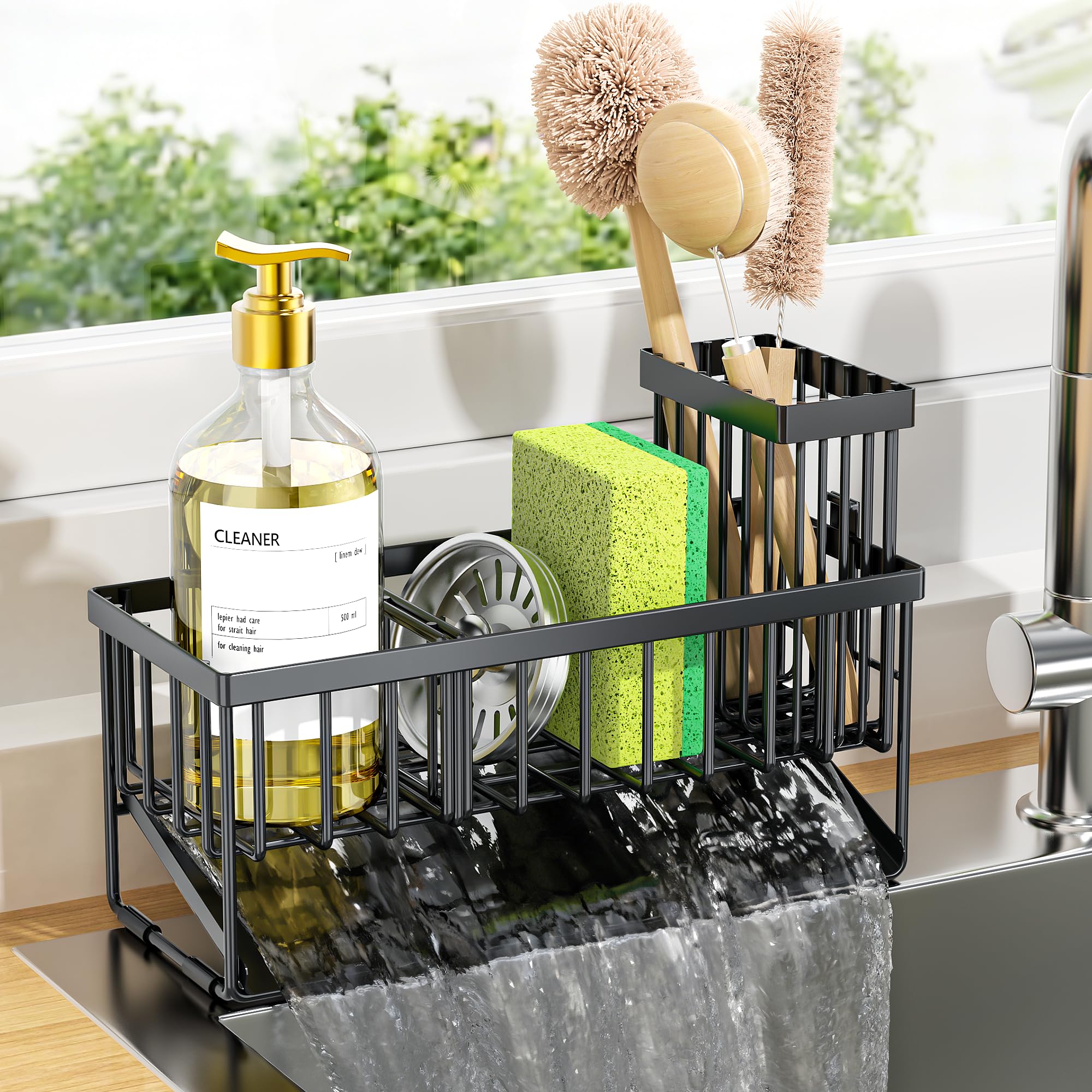 Cisily stainless steel sink caddy holding sponge, scrub brush, drain tray on kitchen sink edge