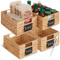 Set of four natural water hyacinth woven pantry baskets with chalkboard labels and chalk marker