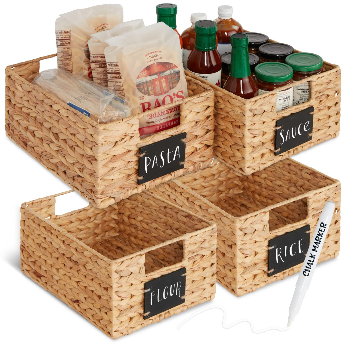 Set of four natural water hyacinth woven pantry baskets with chalkboard labels and chalk marker