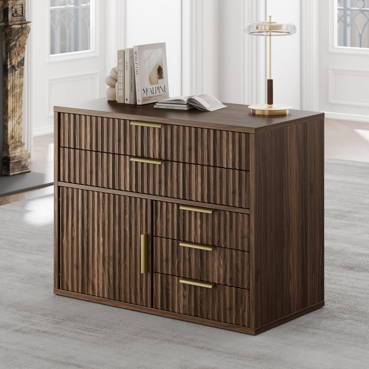 Perledesign black walnut fluted 5-drawer mobile file cabinet on casters