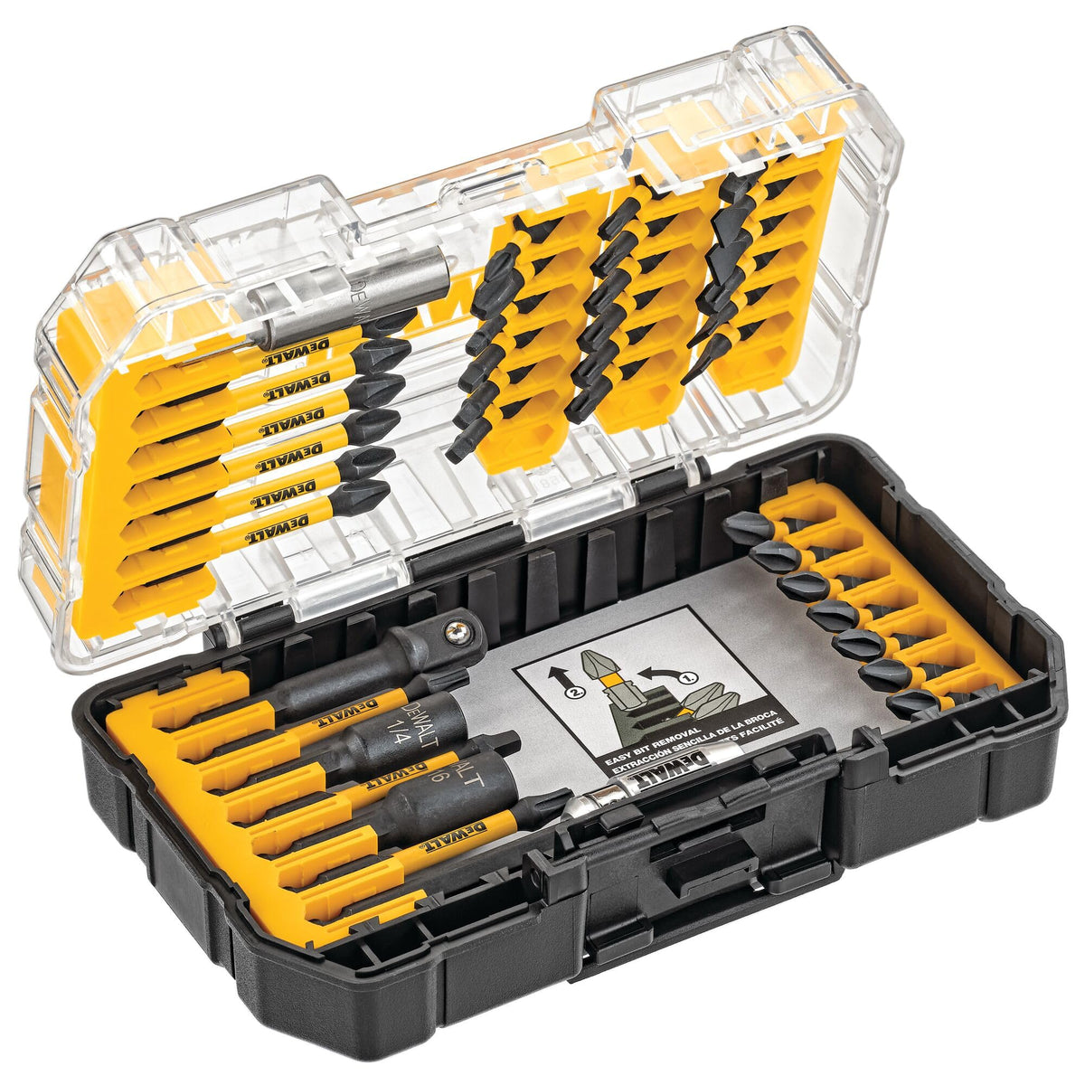 DEWALT 40pc FlexTorq impact driver bits in yellow black storage case