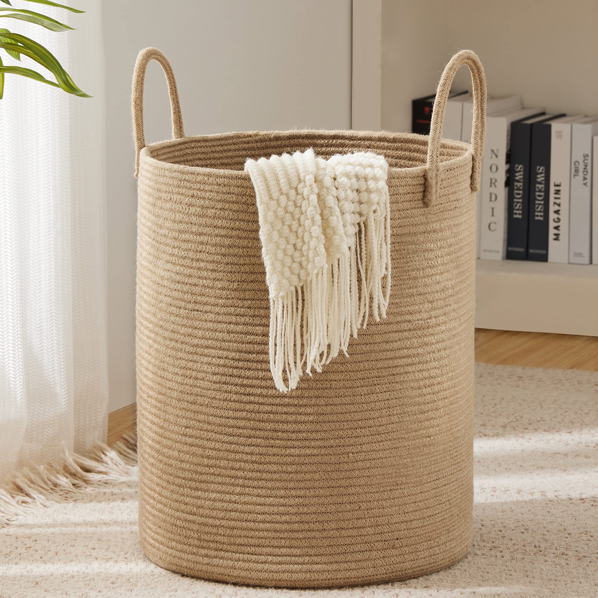Woven jute rope laundry hamper basket 58L featuring handles