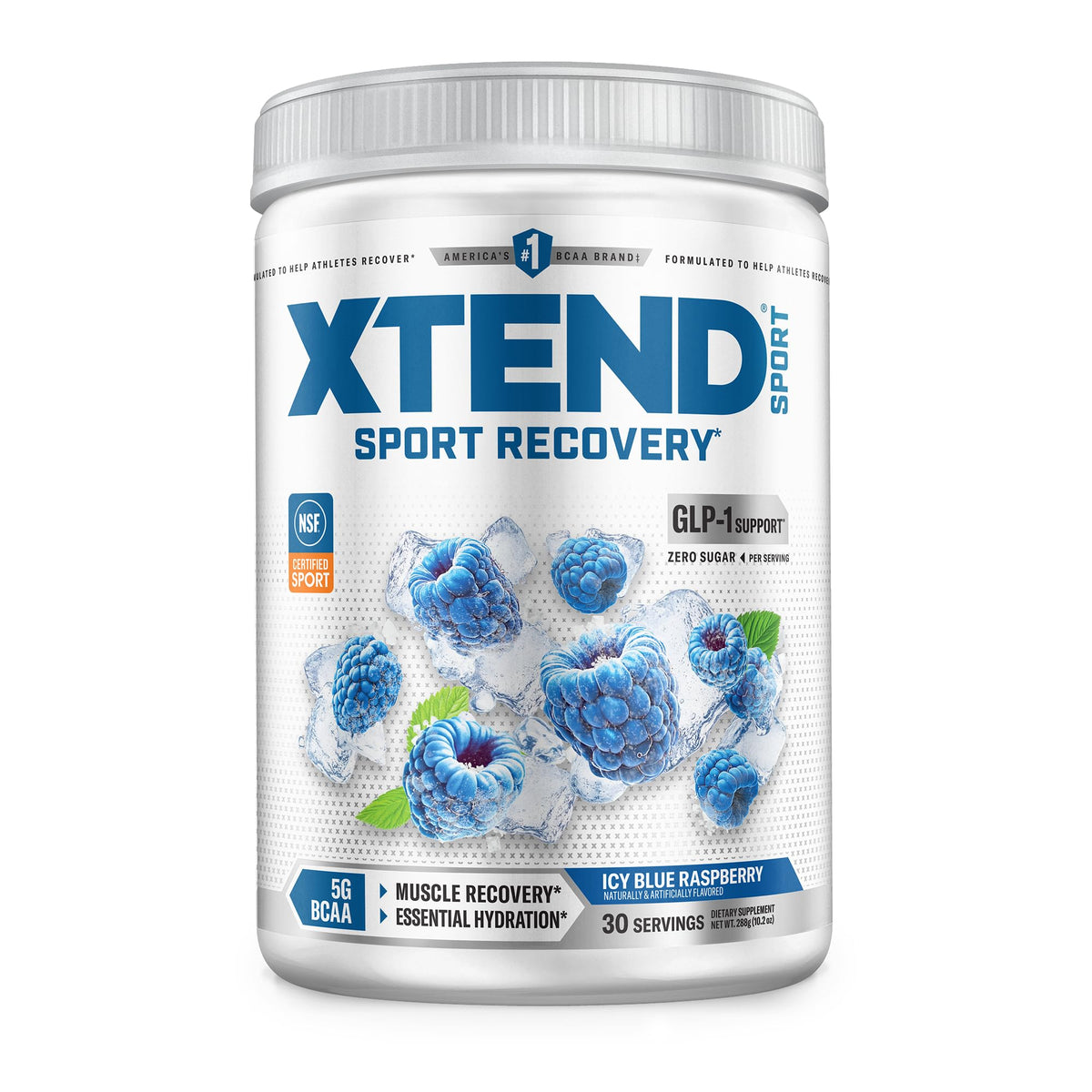 30-serving tub of Xtend Sport BCAA Powder in Blue Raspberry Ice flavor