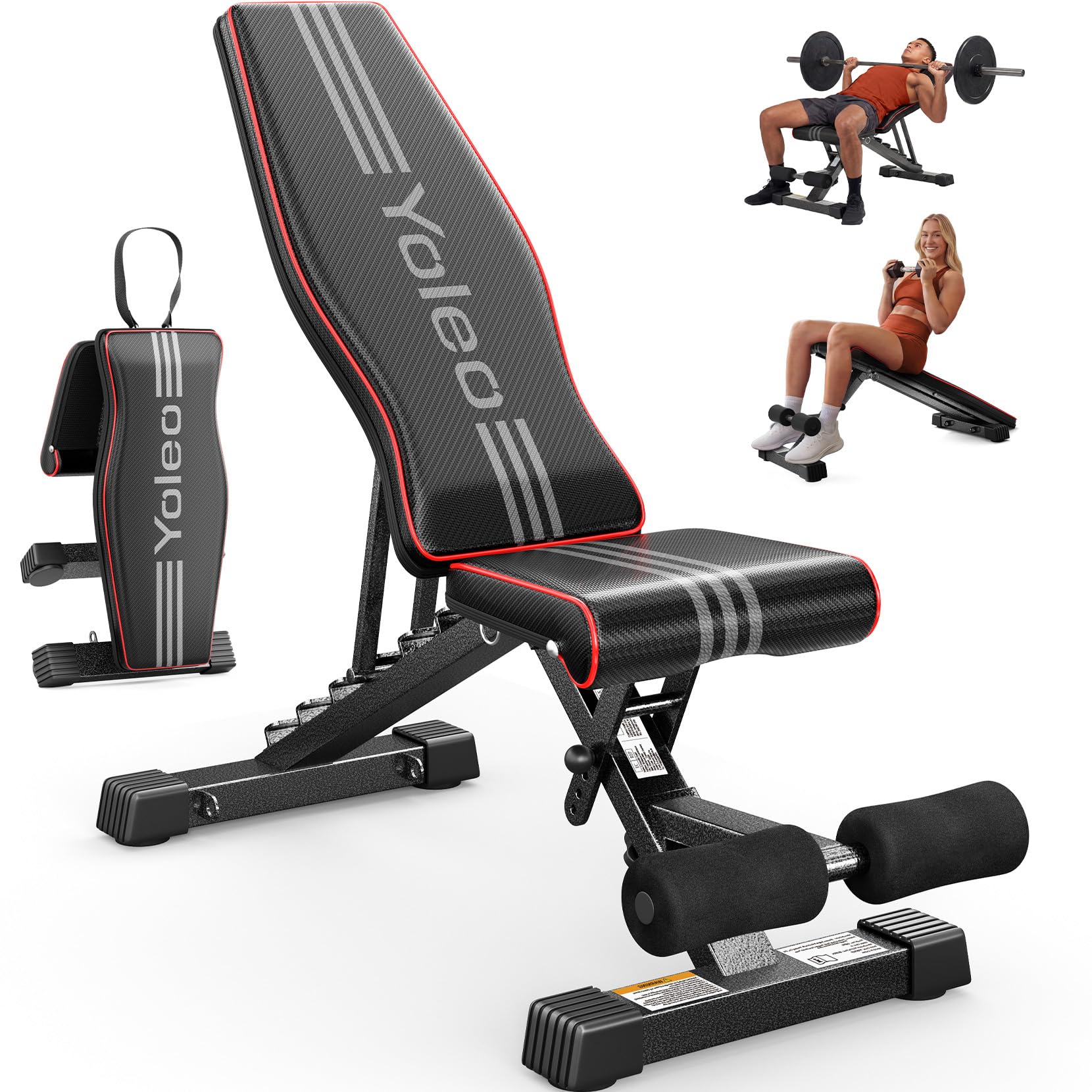 YOLEO adjustable weight bench showing padded backrest and seat on steel frame
