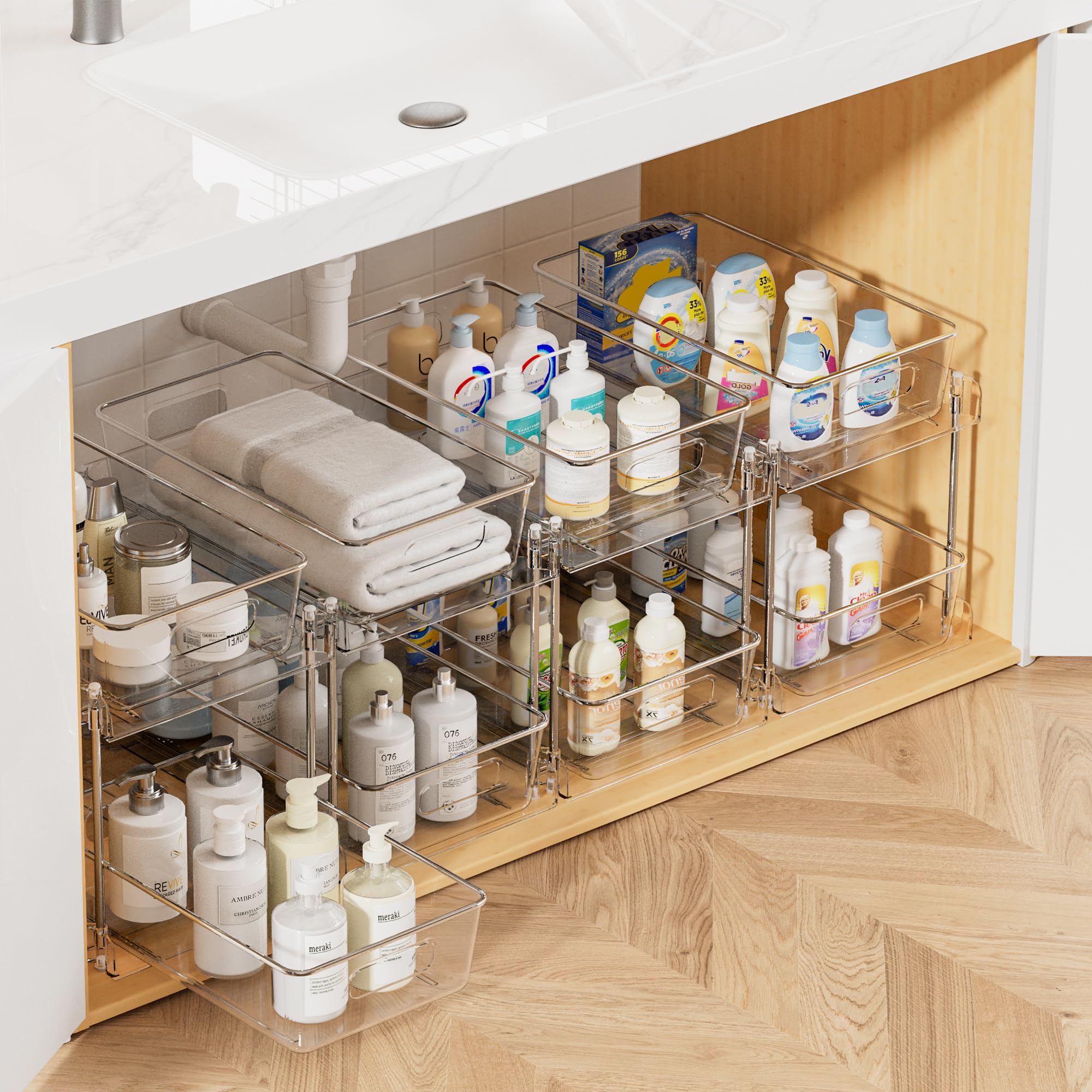 Vtopmart pull-out under-sink organizer showing sliding drawers installed under a bathroom sink