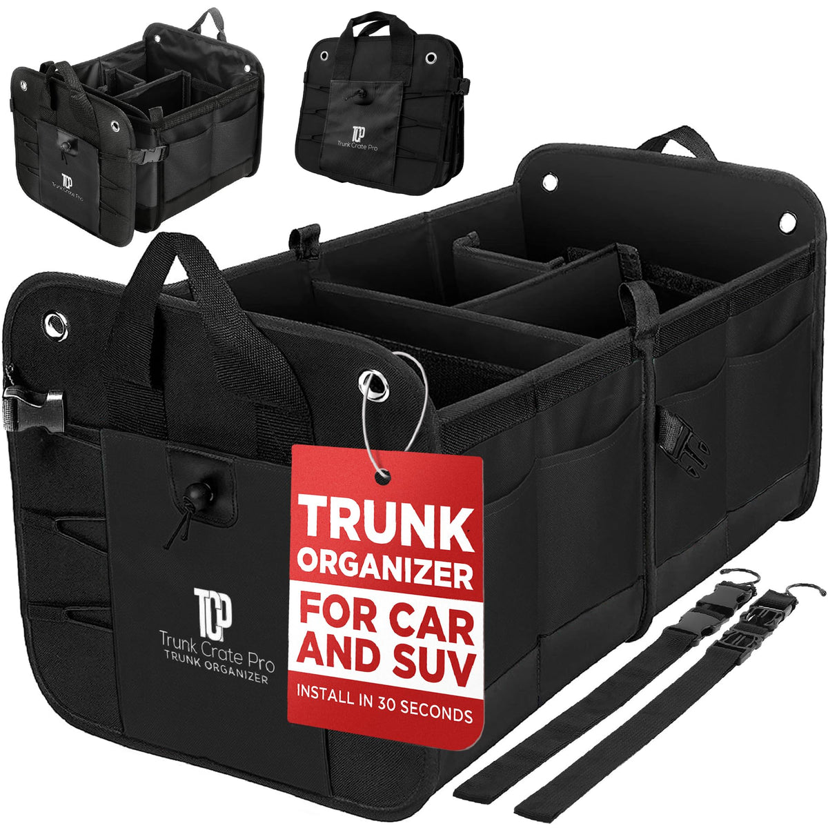 Black TRUNKCRATEPRO large car trunk organizer with multiple compartments in SUV cargo area