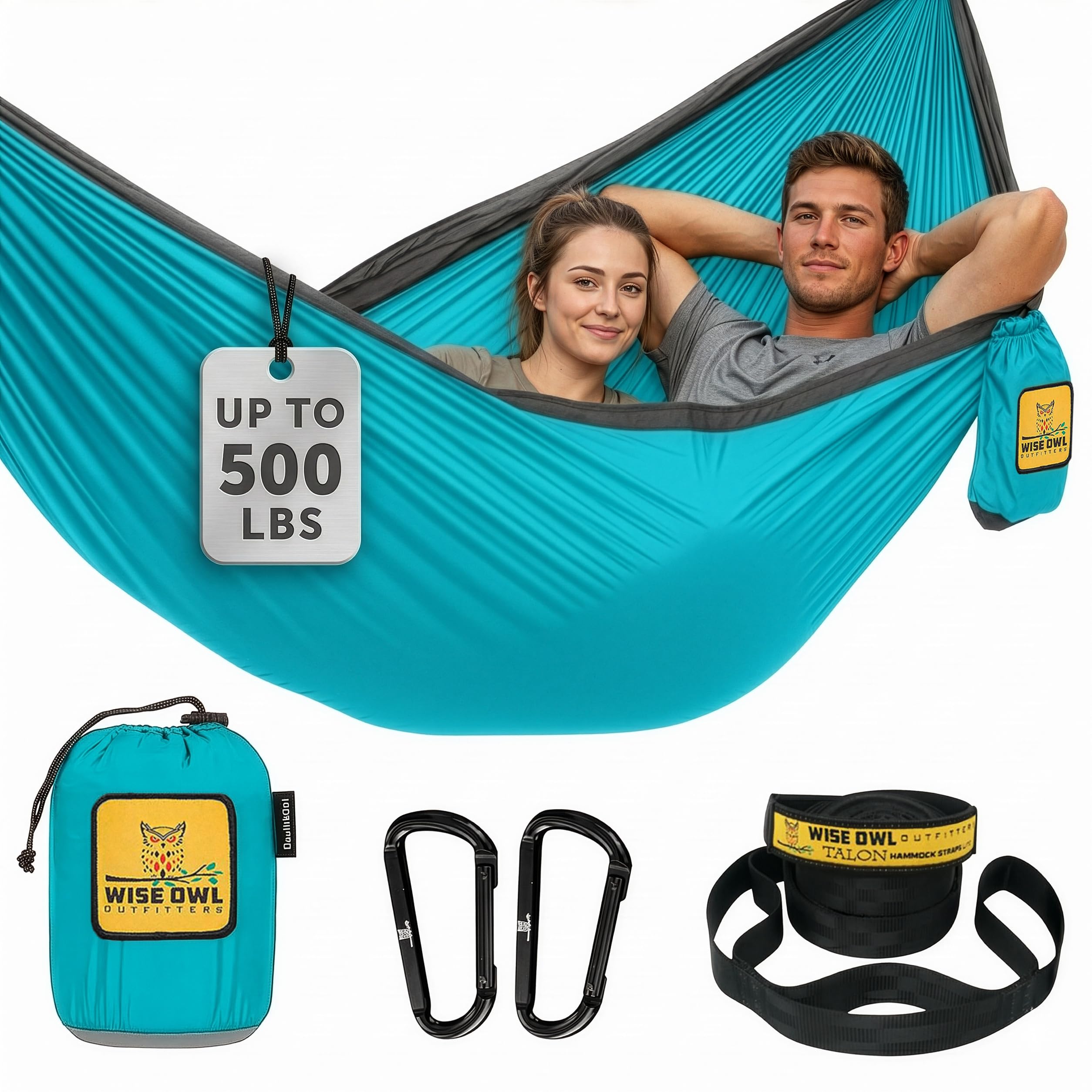 Wise Owl Outfitters camping hammock hanging from tree straps between trees