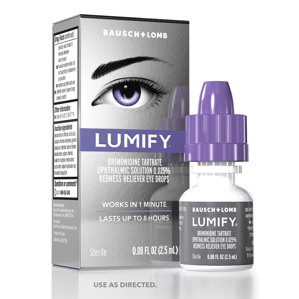Bottle and box of LUMIFY Redness Relief Eye Drops 0.08 oz
