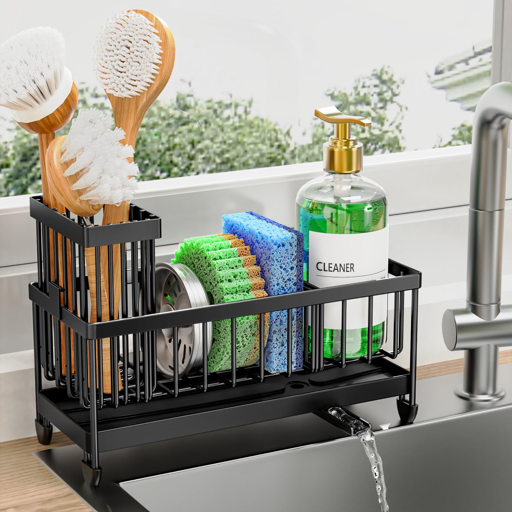 Cisily sink sponge holder featuring brush slot attached to stainless steel sink