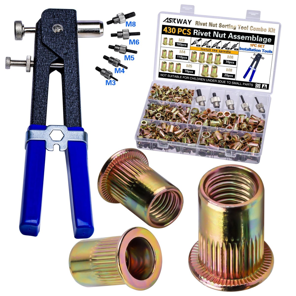AskWay rivet nut tool kit with hand tool, mandrels and 430 metric rivet nuts in carrying case