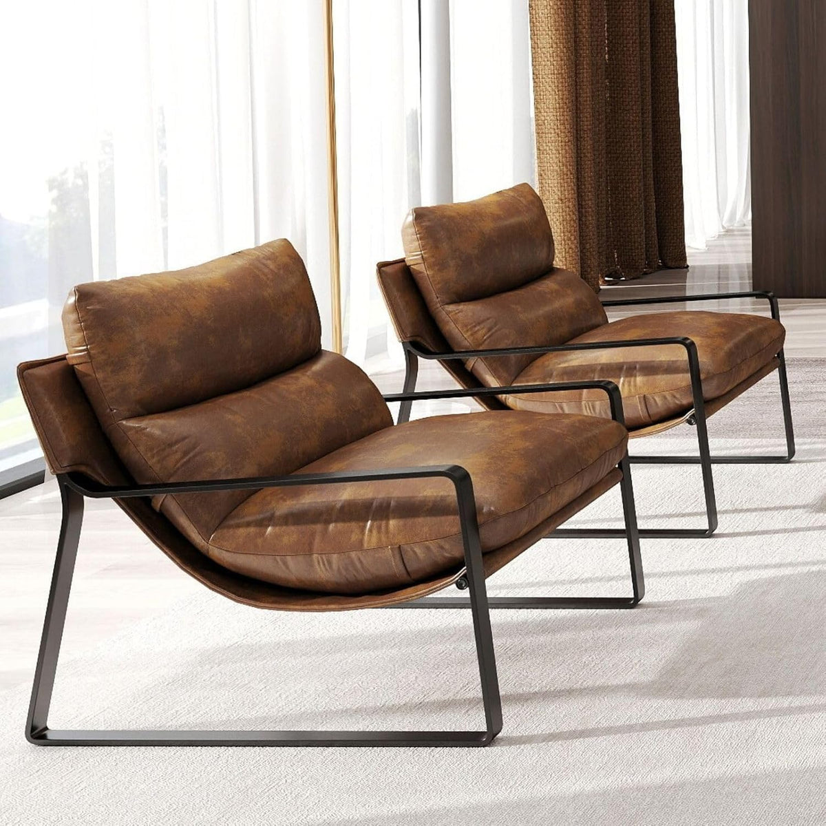 Retro brown PU leather accent armchair with padded seat and wooden legs