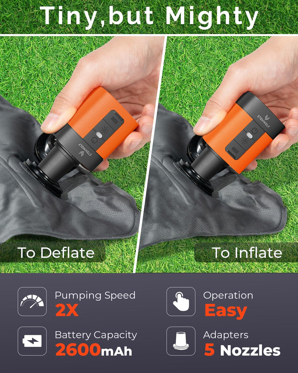ETENWOLF AIR 3 Air Pump for Inflatables with 2600mAh Battery& Camping Light image 2