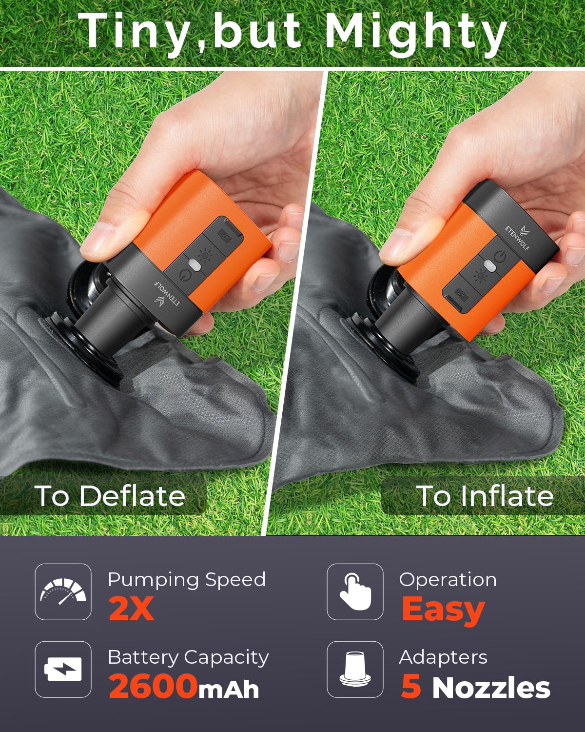 ETENWOLF AIR 3 Air Pump for Inflatables with 2600mAh Battery& Camping Light image 2