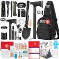 262-piece RIKOJUXI survival kit laid out showing first aid pouch, folding shovel, axe and crossbody bag