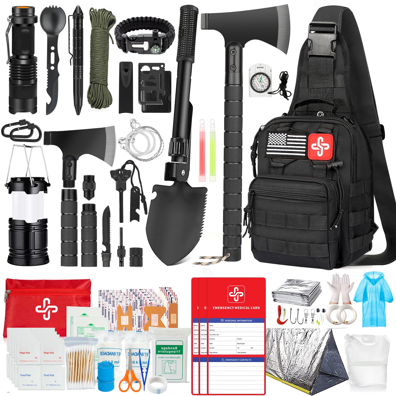 262-piece RIKOJUXI survival kit laid out showing first aid pouch, folding shovel, axe and crossbody bag
