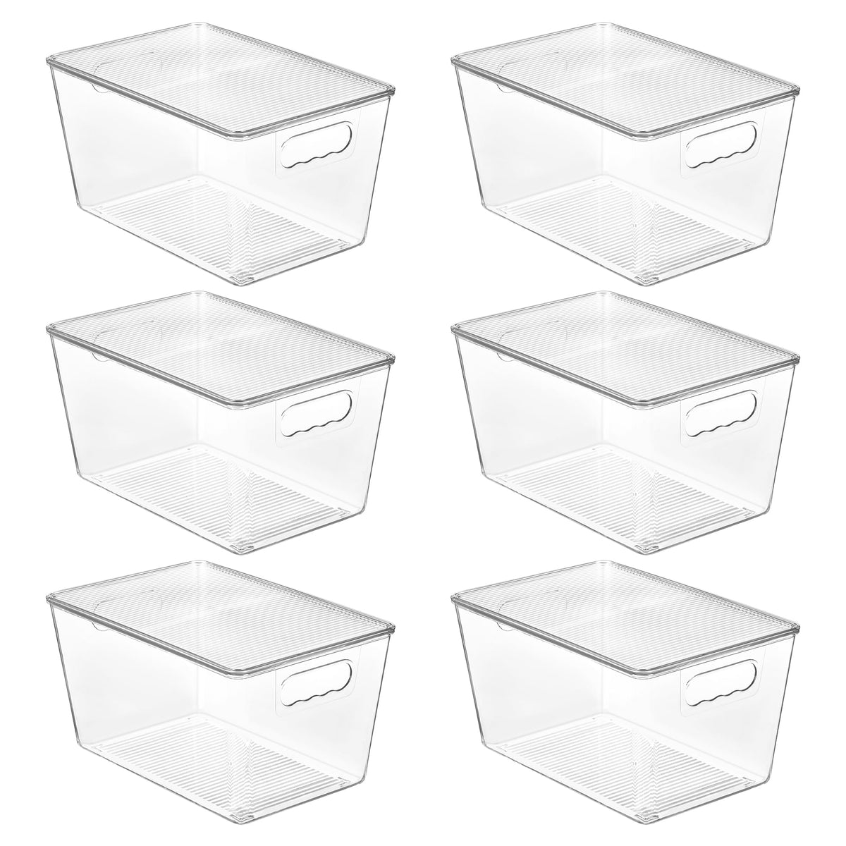 Clear stackable storage bin showing lid handle, large size