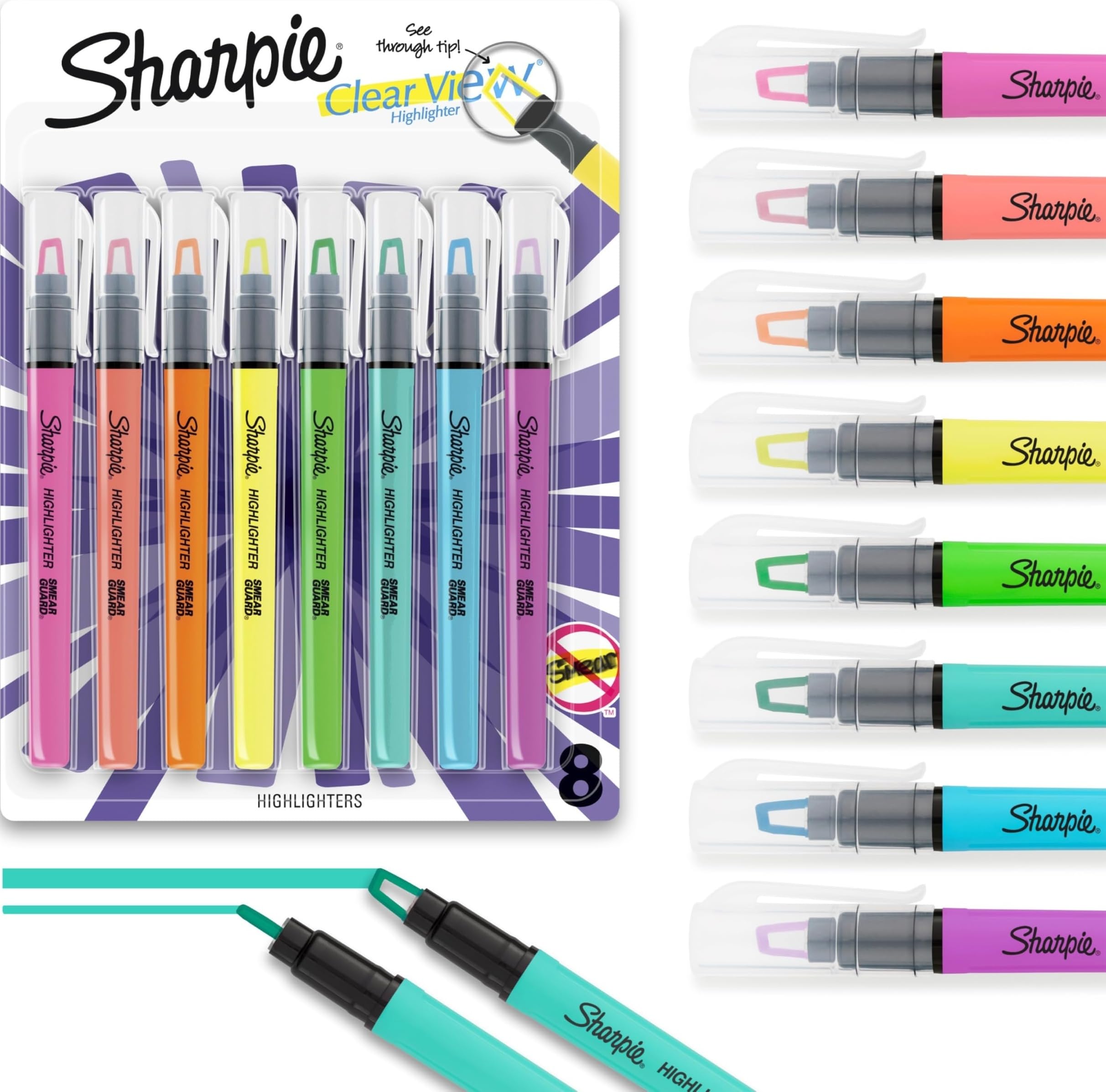 Eight Sharpie Clear View chisel tip highlighter sticks in assorted colors