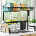 Sakugi black adjustable 2-tier over-the-sink stainless steel dish drying rack with cutlery and utensil holders